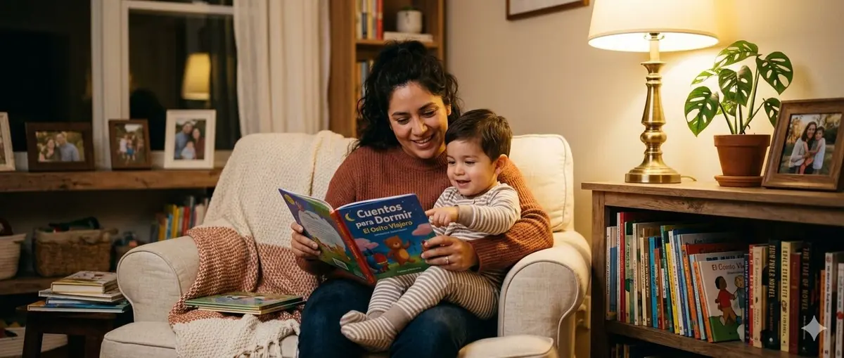 Mamá mexicana leyendo cuentos a su hijo antes de dormir — rutina de sueño y libros para niños