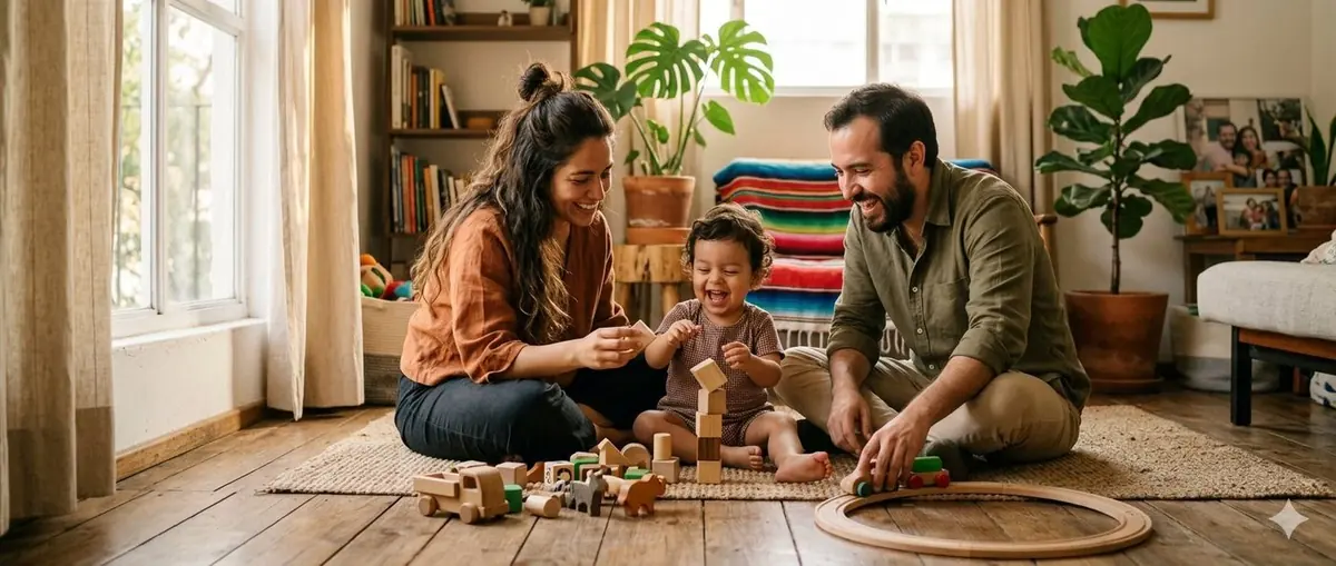 Familia mexicana jugando en el piso con su bebé — crianza consciente en equipo