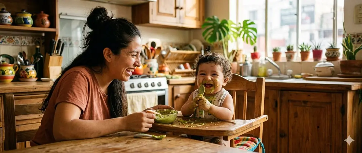 Mamá mexicana con bebé comiendo sólidos por primera vez — alimentación complementaria