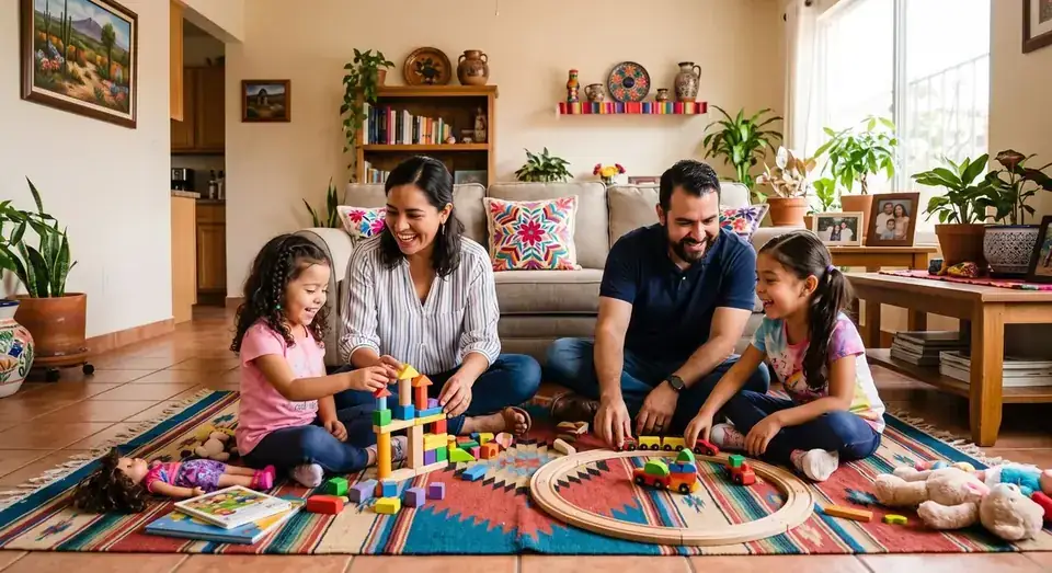 Familia mexicana jugando en el piso de la sala con sus dos hijas: bloques, tren de madera y risas