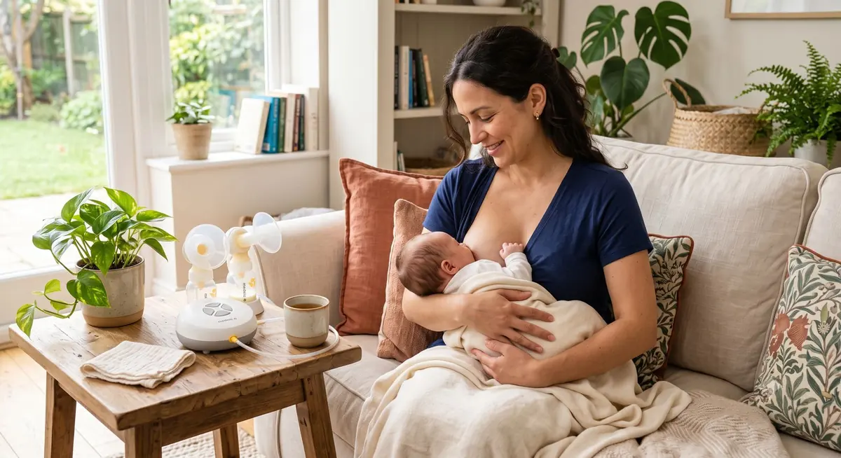 Mamá amamantando a su bebé recién nacido en el sillón, con extractor de leche en la mesita