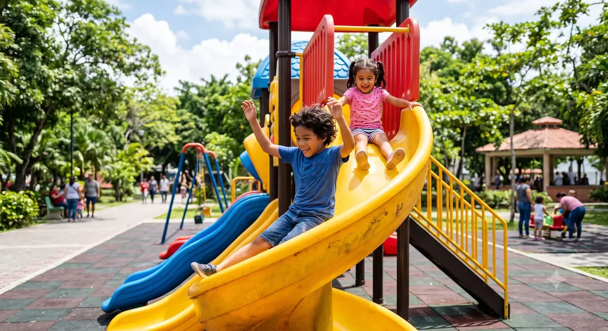 Dos niños bajando felices por la resbaladilla amarilla de un parque