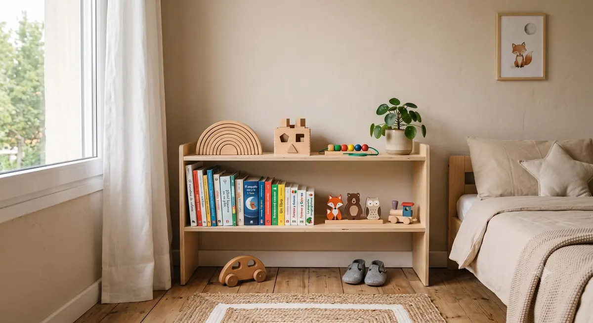 Repisa Montessori a la altura del niño con libros infantiles y juguetes de madera