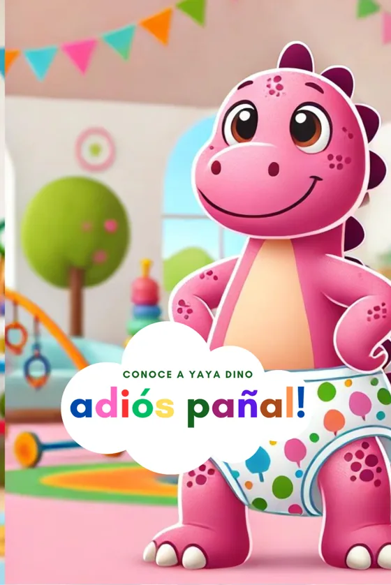 Portada del cuento Yaya Dino ¡adiós pañal!: dinosauria rosa celebrando dejar el pañal