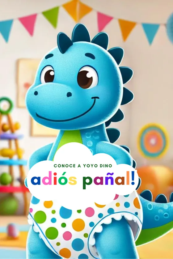 Portada del cuento Yoyo Dino ¡adiós pañal!: dinosaurio azul celebrando dejar el pañal